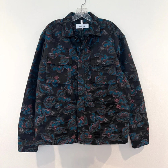 Soulland Black Floral Collared Bohemian Festival Style Button Down Canvas Jacket - Picture 12 of 12